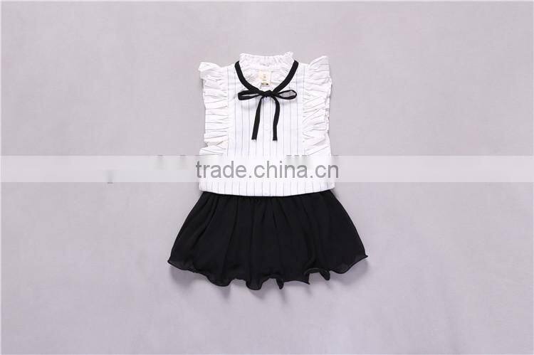 New Design Pink Striped Shirt Black Skirt Little Girl OL Wind Clothing Set 2017 Hot Sale