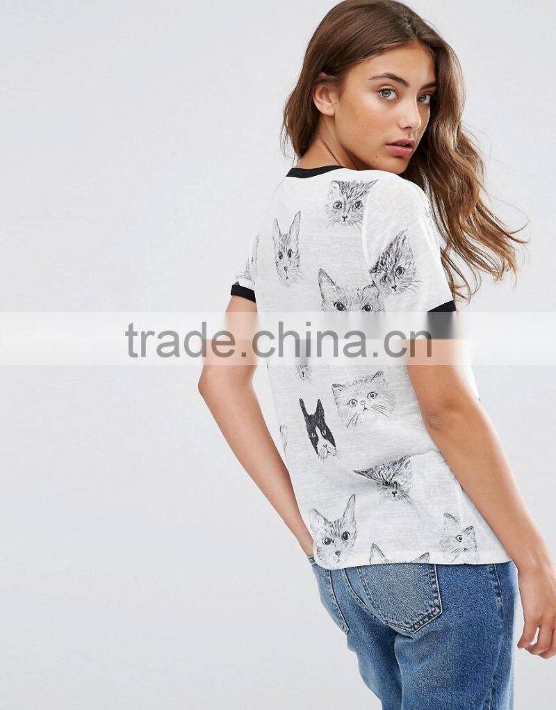 Wholesale China fashion design cheap 100% polyester t shirt for women with cat print