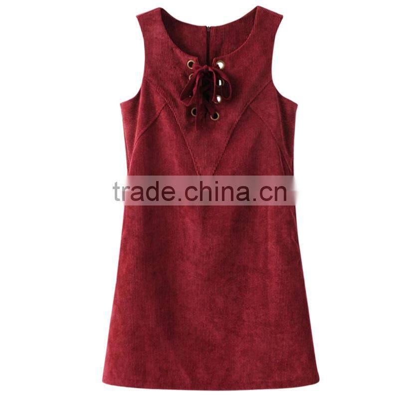 A-Line dark red lace up round collar sleeveless mini corduroy dress