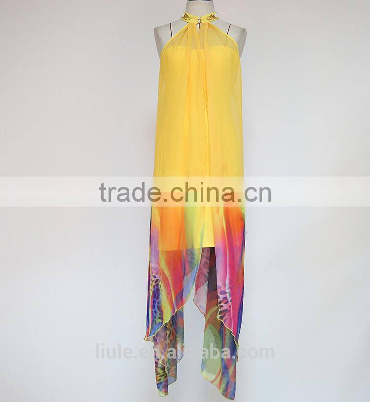 nail beaded cardigan loose assorted colors printing irregular hem sleeveless chiffon cloak for women