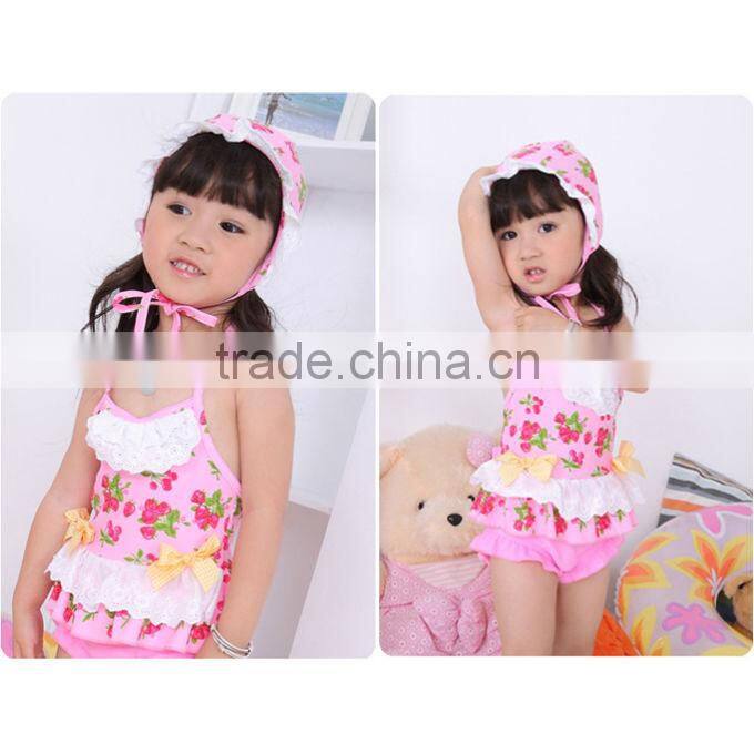 Hot Sale 2016 Girls Bikinis Cherry Printed Baby Kids Lace Toddle Swimwear With Hat Infant Bathing Suits Hot Sellers SR40416-1P