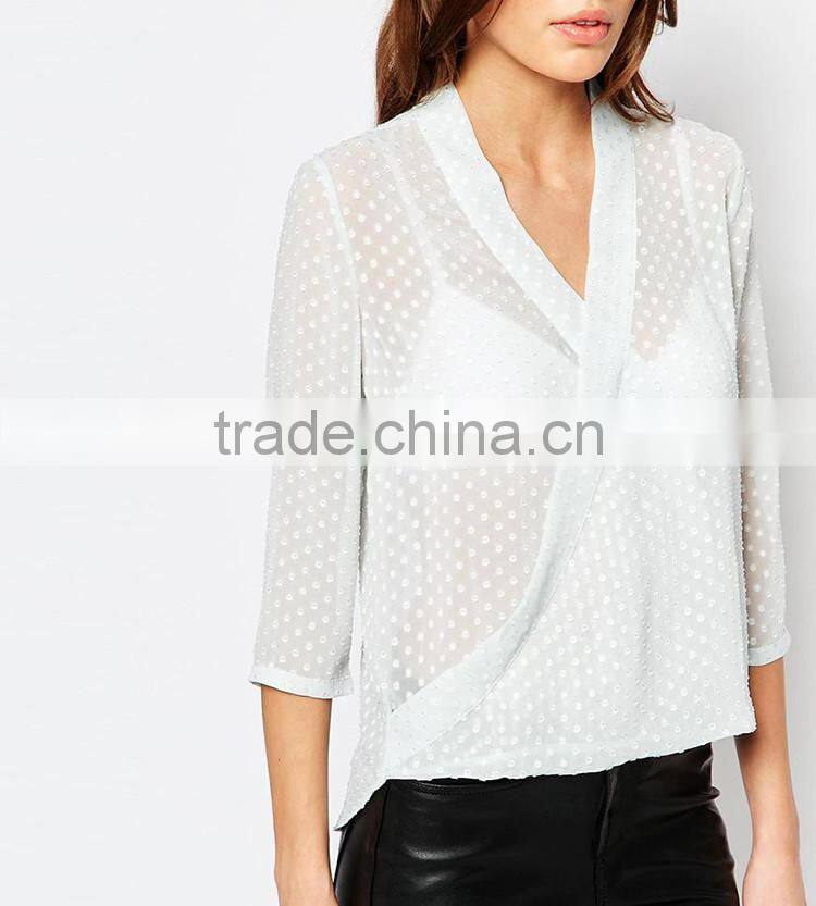 Latest V neck 2016 ladies chiffon women tops casual for wholesale