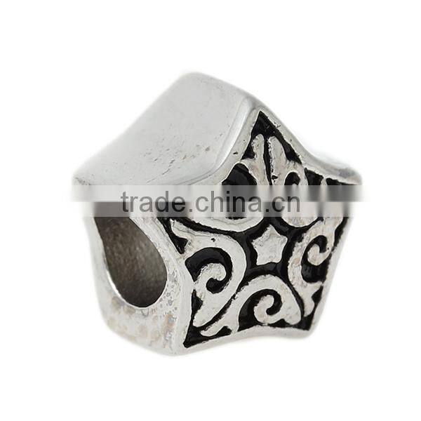 304 Stainless Steel European Style Large Hole Charm Beads Star Silver Tone Flower Carved Black Enamel About 12mm x 12mm