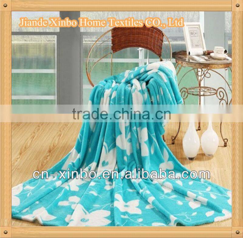 Jiande 2013 Super Soft White Flower Printing Blue Flannel Fleece Towel Blanket