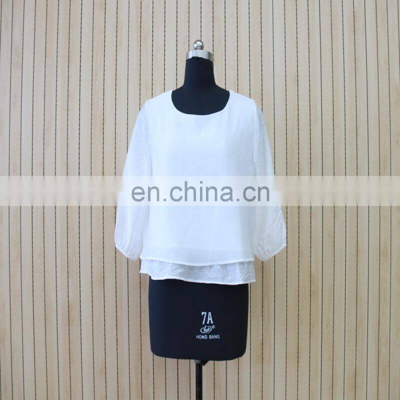 women hot sale flounce hem white 3/4 sleeve double layer blouse