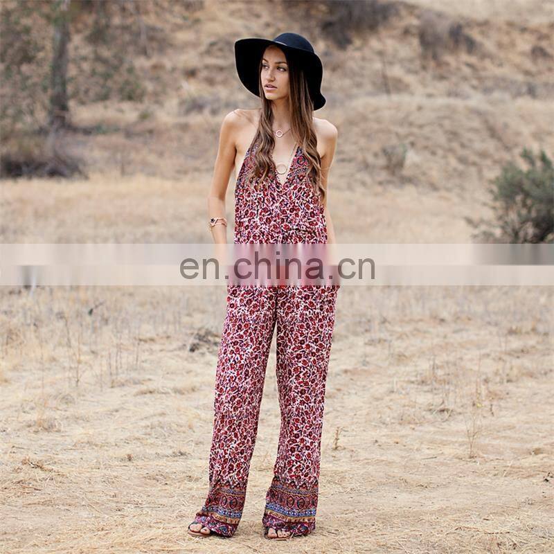 Womens open back sexy floral printing ladies jumpsuit
