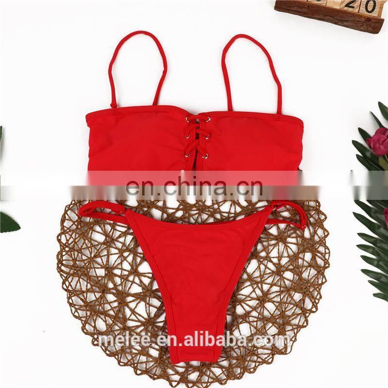 Solid Red Ruffle Swimsuit Female Bandeau Bikinis 2020 Short Sleeve Swimwear Women Tie Side Bathing Suit High Cut Biquini Bikini