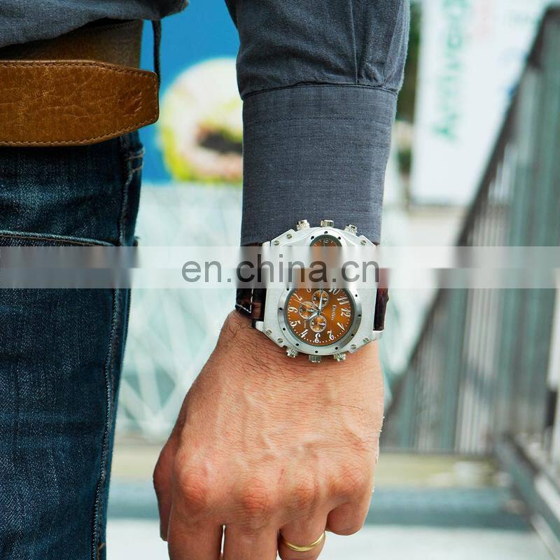 OULM 1349 Men Compass Watch Leather Strap Dual Time Big Face Quartz Watch Relogio Masculino