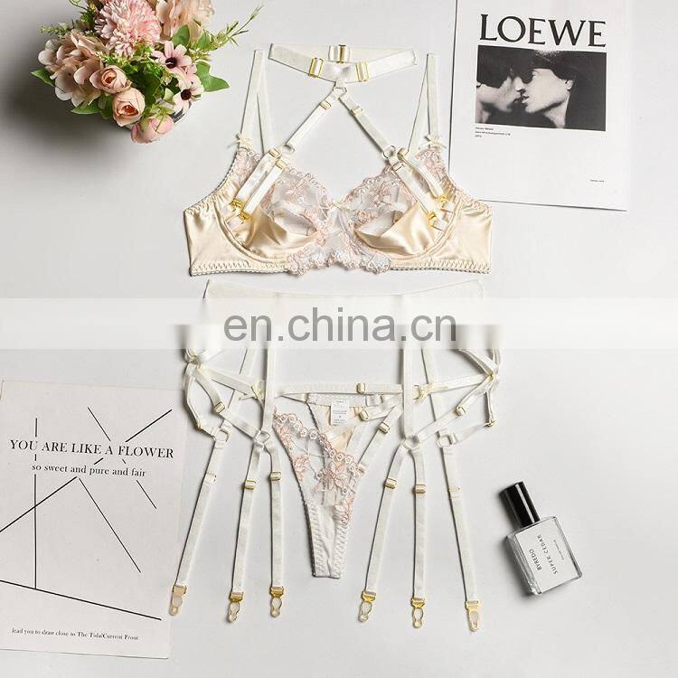 3pcs Hollow Out Pink Bandage Erotic Bra Panties Set Pink Color with Neck Ring 2022 Lingerie