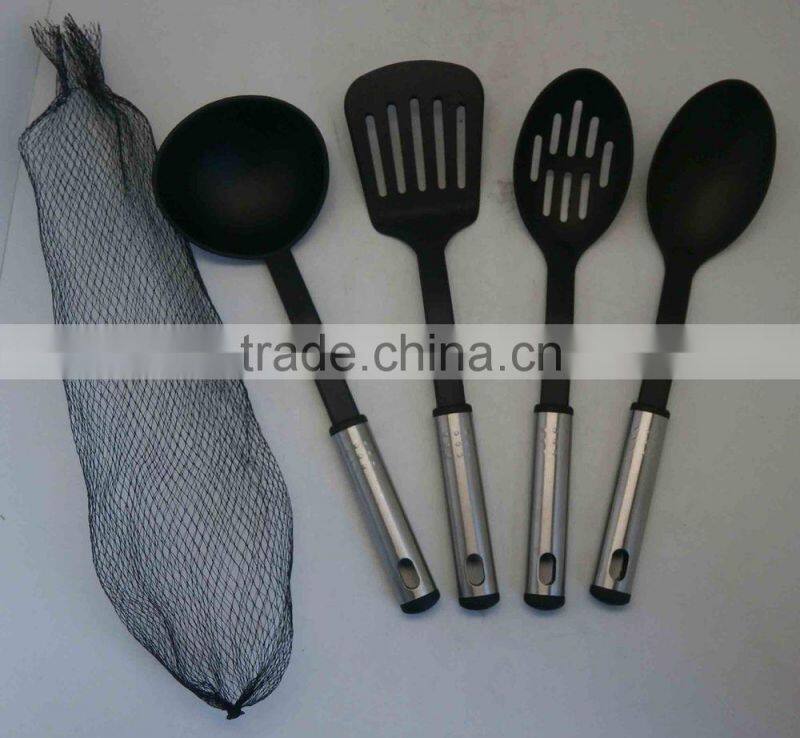 5PCS NYLON KITCHEN TOOL SET WITH MESH BAG, S/S HANDLE COOKING UTENSIL