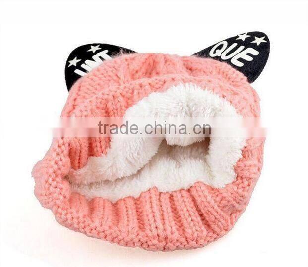 Unique Printed Cat Ear Decorated Polar Fleece Inside Twisted Knitting Women Girls Hat