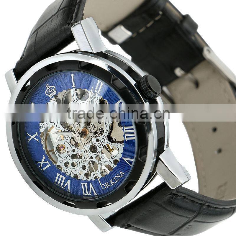 ESS Unisex Skeleton Dial Dark Blue Leather Strap Mechanical Luminous Watch WM341