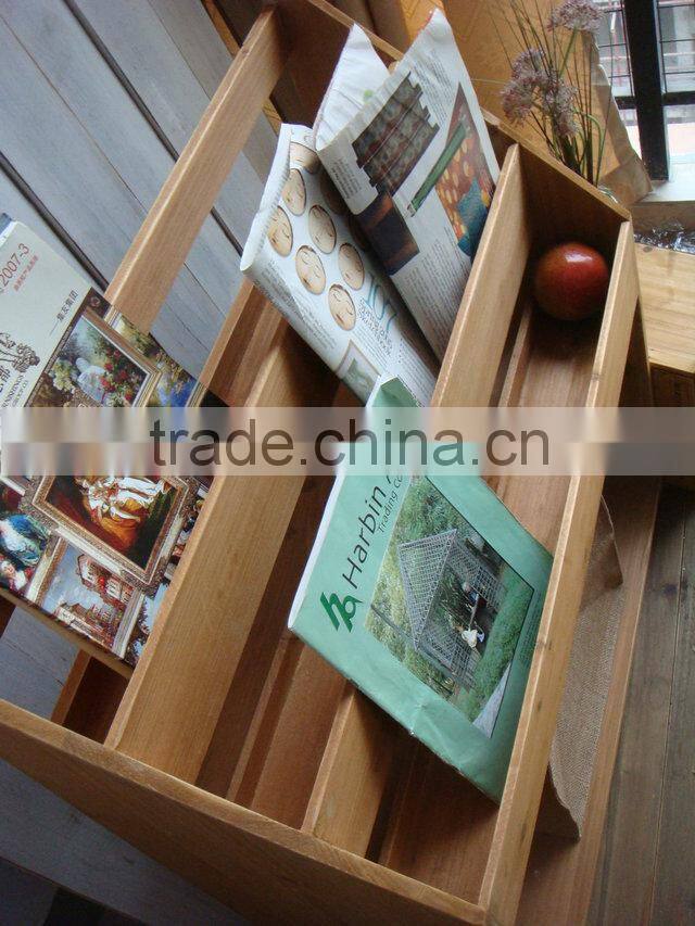 Vintage industry wooden display shelf for books and newspapers