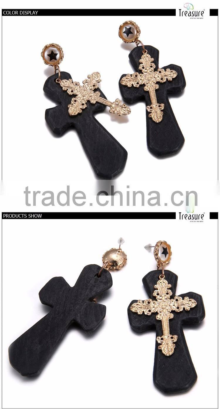 Fashion jewelry hot selling big cross black sheet golden alloy drop earring