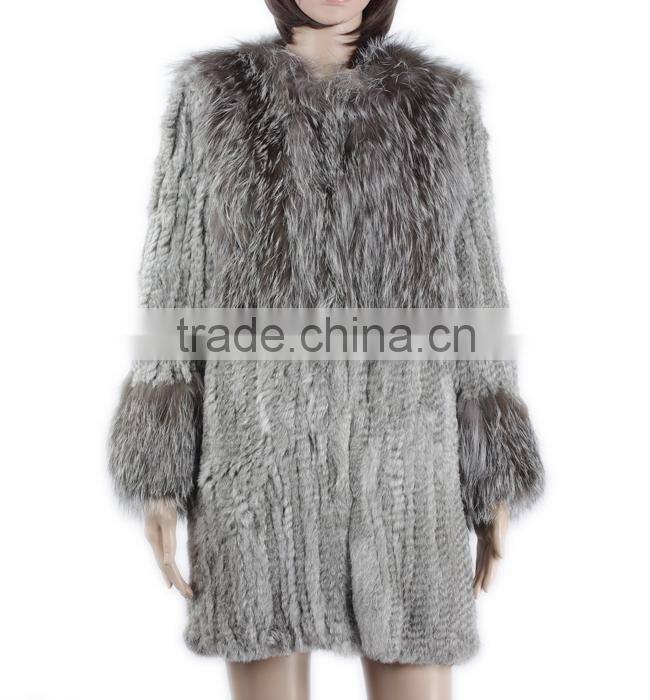 High quality knitted fur coat with rabbit/silver fox fur/high fashion fur style for ladies KZ150105