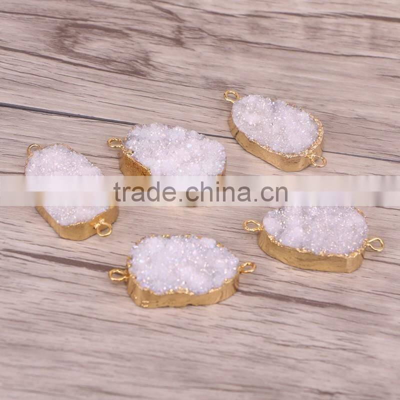 Gold Plated Natural Agate Titanium AB Druzy Geode Connector Double Bails White Druzy Gemstone Geode Jewelry