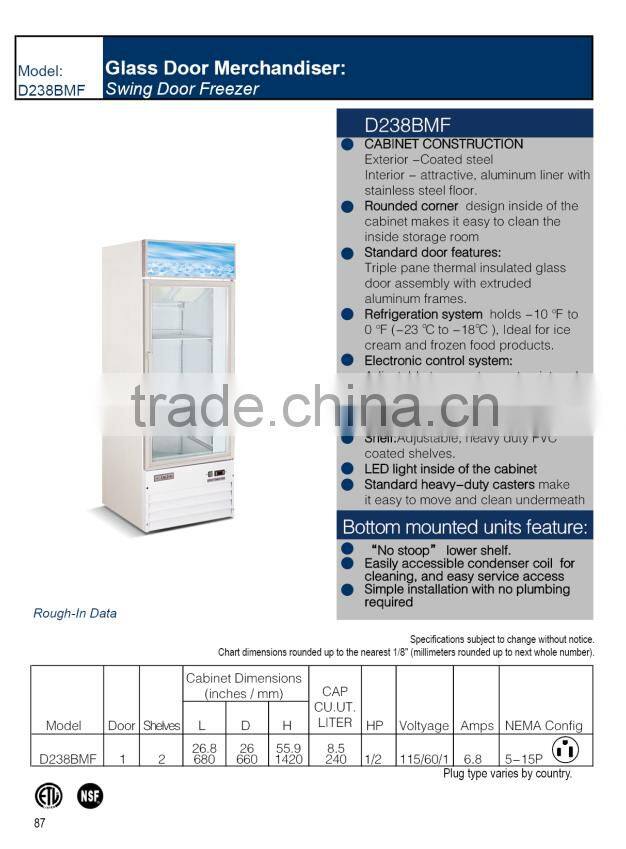 Single Glass Door Merchandiser, automatic defrost freezer, ice cream freezer showcase_D238BMF