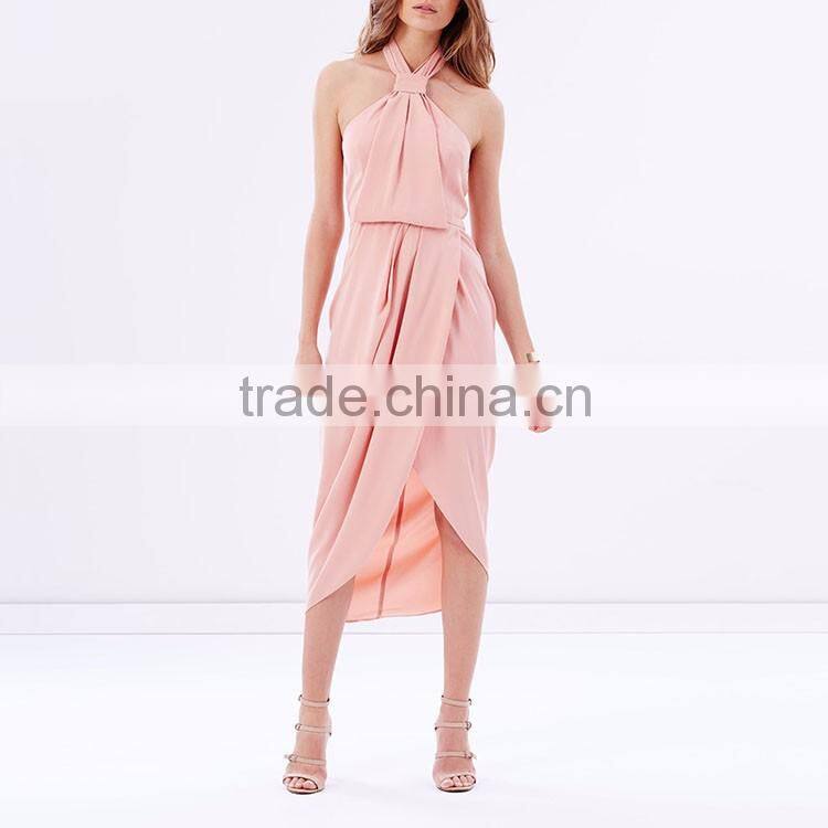 Latest design Chic sleeveless bow tie wrap asymmetrical lady pink cocktail drss