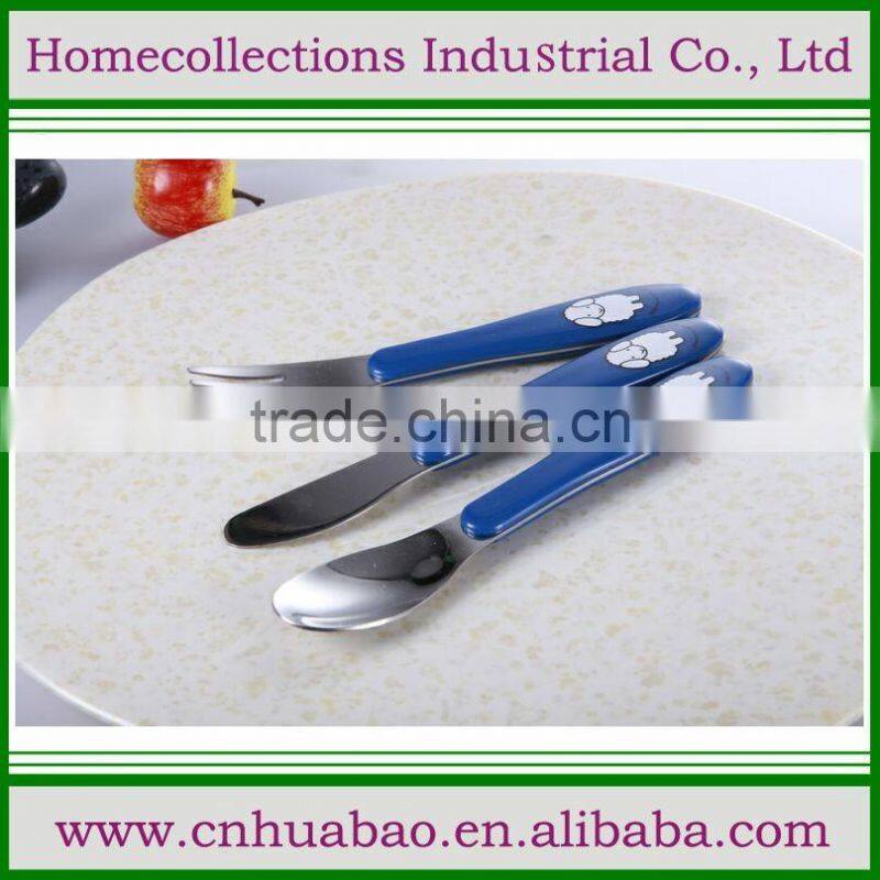 2016 Hot sale Factory supply top quality baby product stainless steel cutlery with ABS handle, 3 in 1 carriage baby