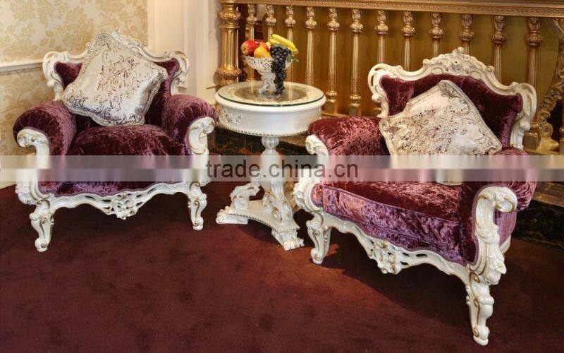 French Graceful Wood Carving Bedroom Set, Luxury Home Bedroom Furniture, Fancy Purple Fabric Upholstering Super King Size Bed