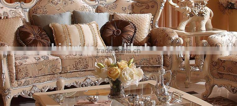 Wooden living room furniture ivory frame antique silver carving fabric sofa set