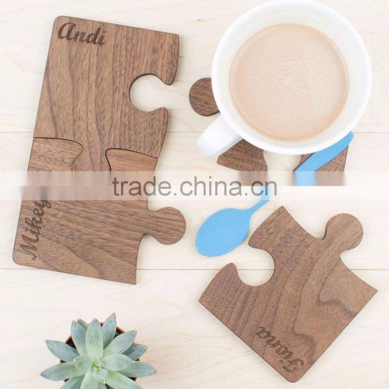 Oak Puzzle Shape Wooden Coaster CNC Engrave Creative Coaster with Customer Logo