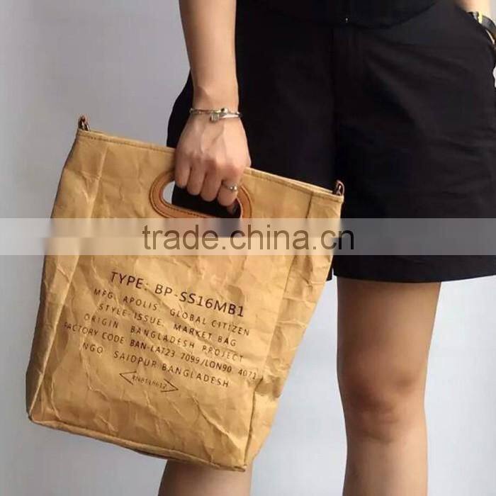Eco friendly shoulder strap washable kraft paper tote bag shoulder bag