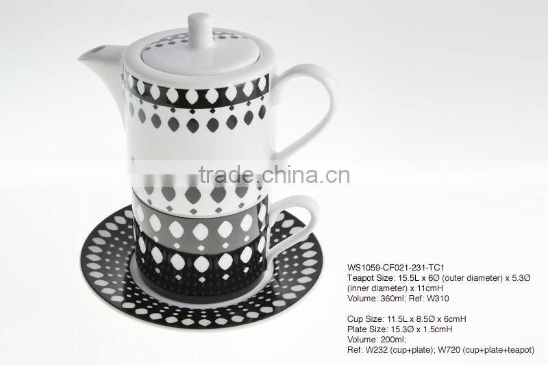 Fine Porcelain Modern Black And White Dotted Pattern Teapot Set With Mugs And Saucers Whole Set WS1059-CF021-231-TC2