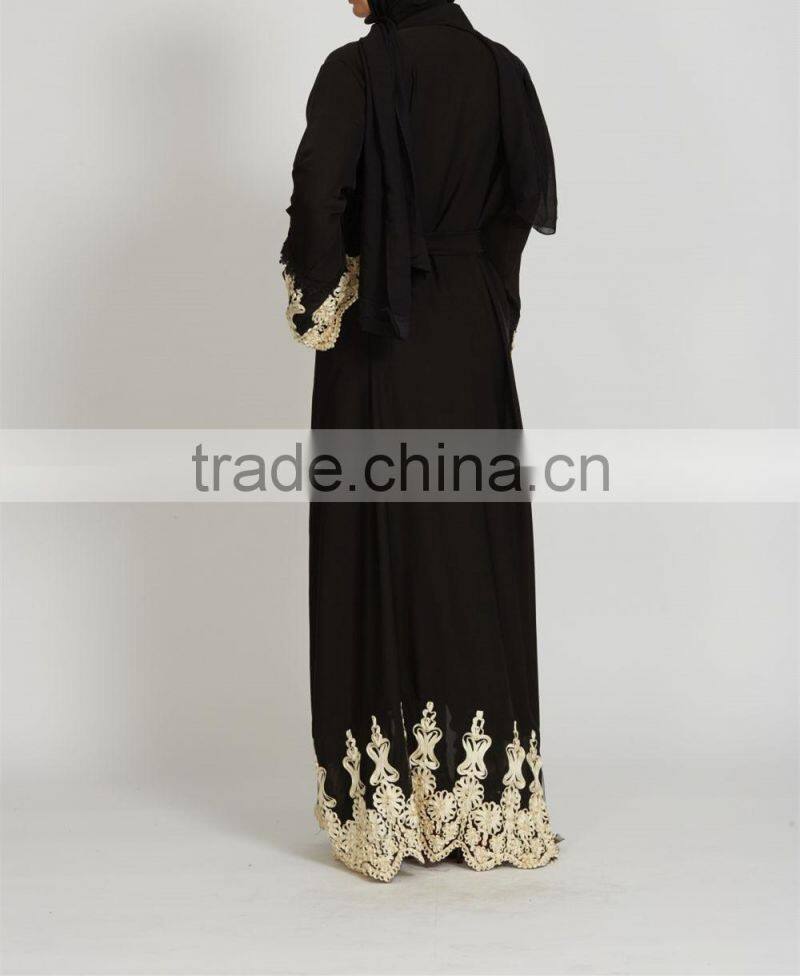 Dubai clothing OEM Beautiful lace detailing Pop up buttons Cream Lace Open Jacket Abaya