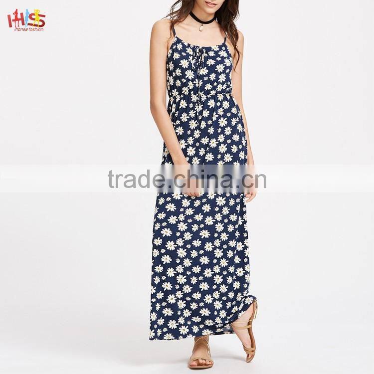 Ladies Fashion Dresses Women Summer Pictures Daisy Print Tie Front Elastic Waist Cami Dress
