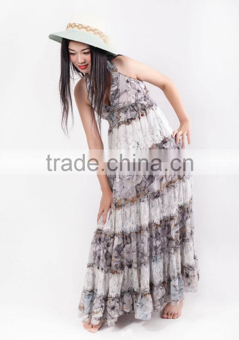 Long hawaiian maxi women dress decorated with lace