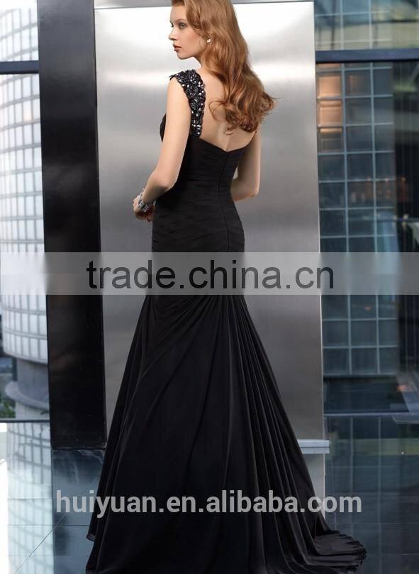 Sex black flowy chiffon strap sweetheart night evening dress 2016