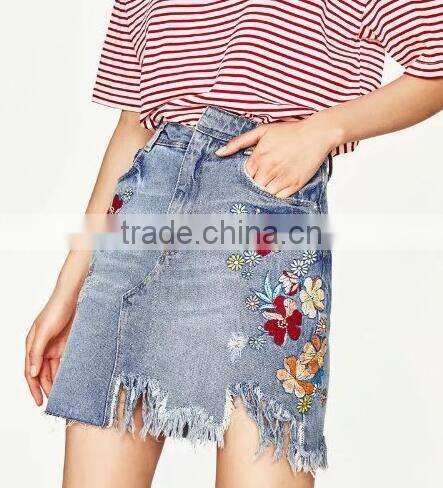 Runwaylover 131 Ladies 2017 Fashion High Waist Embroidery Denim Skirt