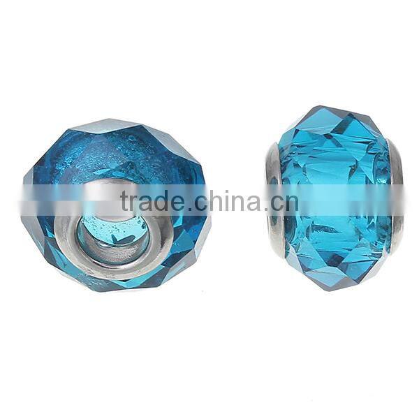 Lampwork Glass European Style Large Hole Beads Round Faceted Peacock Blue Transparent With 304 Stainless Steel Silver Tone Core