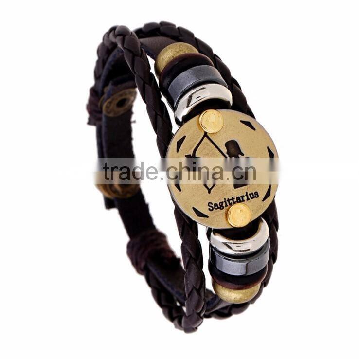 Retro 12 Zodiac Womens Mens Genuine Real Braid Faux Leather Bracelet Bangle Cuff Wristband Handmade Jewlery