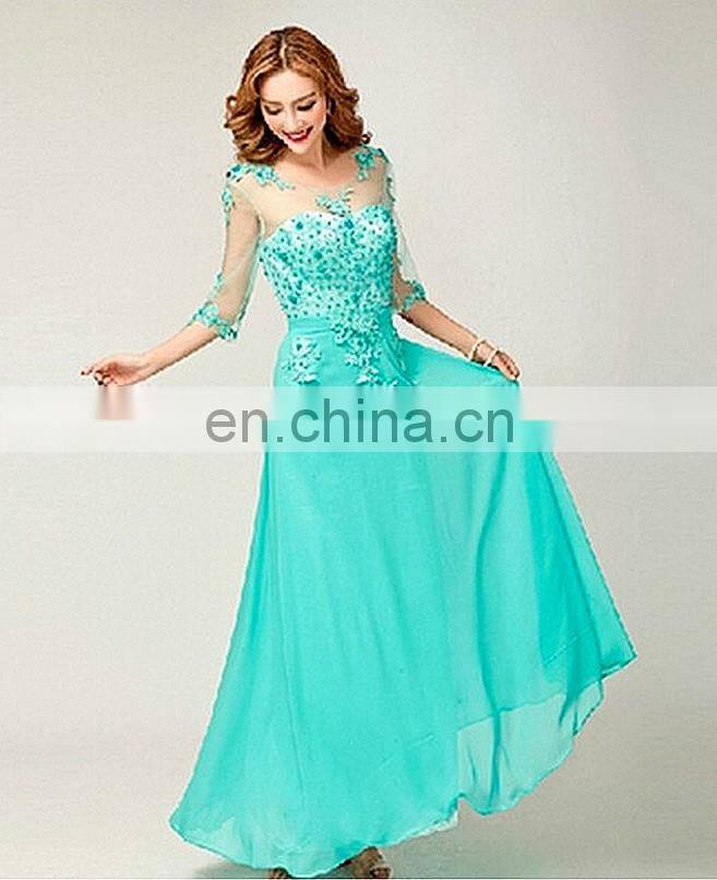 Sexy Applique See Through Women Eleglant Long Evening Dress Formal Gown