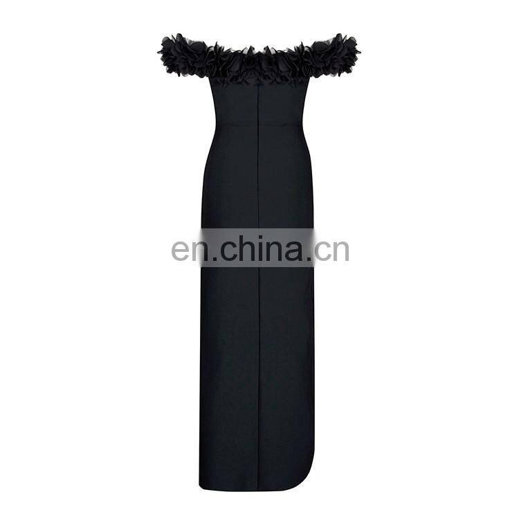 Amigo 2017 new designer sex black off-shoulder flower long slit tube bandage dress maxi evening dresses for women party wear