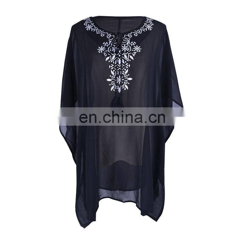 2019 Casual Embroidered V-Neck Batwing Sleeve Summer Beach Dress Black Cotton Tunic Women Beachwear Mini Dress Sarong pareo