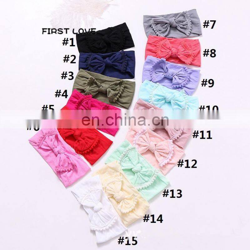 33Colors Kids Solid Nylon Headband with fringe Bow Girls Pom Pom Soft Headwear