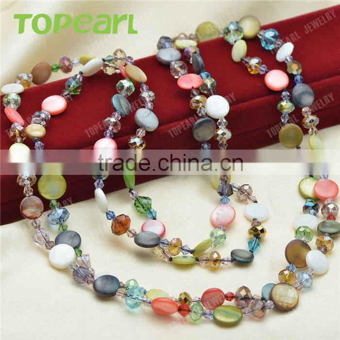 Multicolor Coin Shell Beads with Crystal Necklace 60 Inch Long GN162