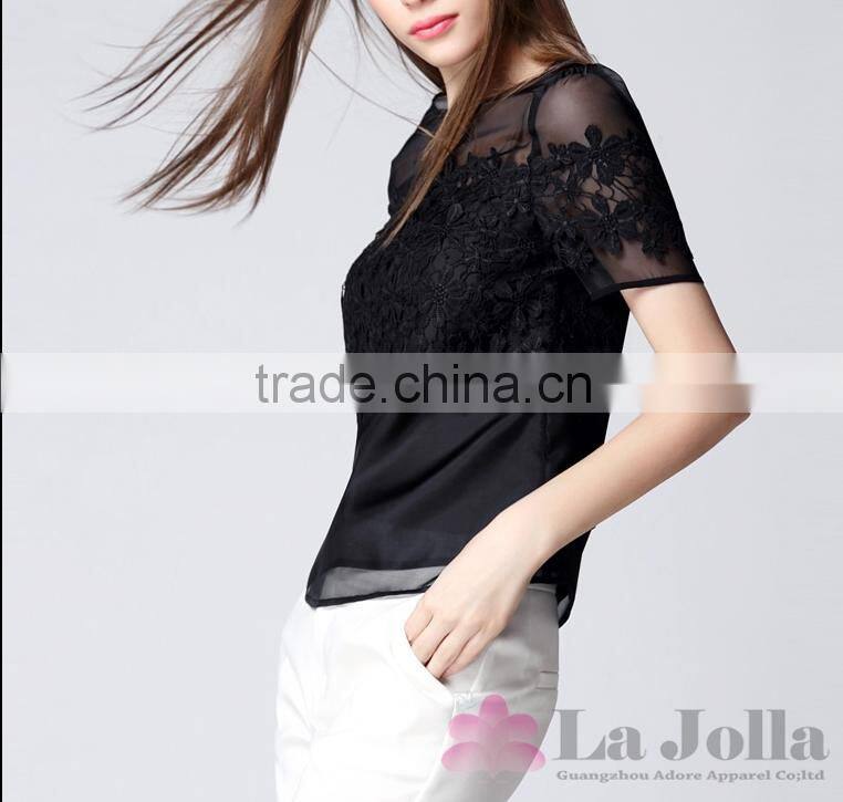 2016 Summer Fashion Lady Lace embroidered Sexy Short sleeve t-shirt 157