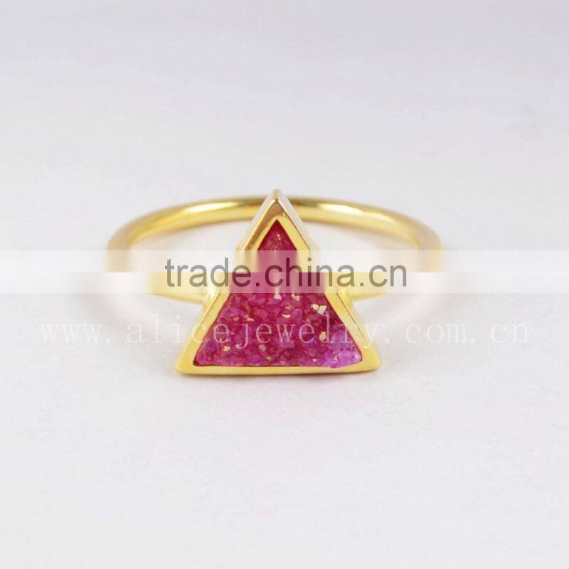 Golden plated metal ring with druzy stone cocktail stacking crystal ring quartz gemstone bezel Ring