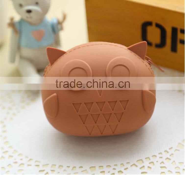 2015 Factory direct owl shape silicone rubber zipper coin money pochi pouch purse