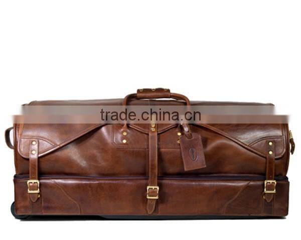 Vintage European style genuine leather travel bag, big capacity trolley bag made in China