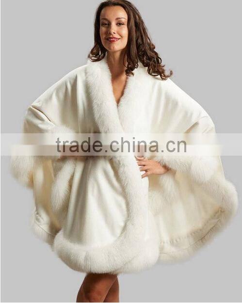New Fashion Large Size Women White Cashmere Cape with Big Fox Fur Trim