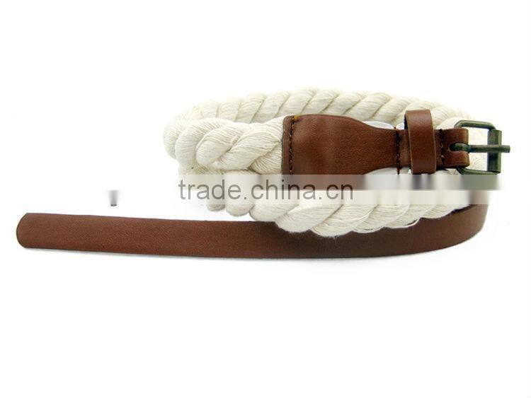 Ladies' Raw White Cotton Rope Woven Dress Belt with PU Leather Tab