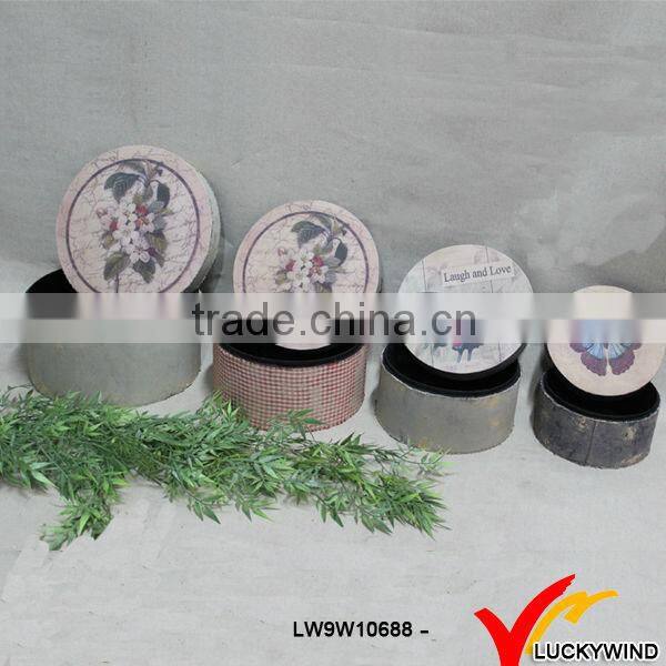 round vintage wood storage units with fabric