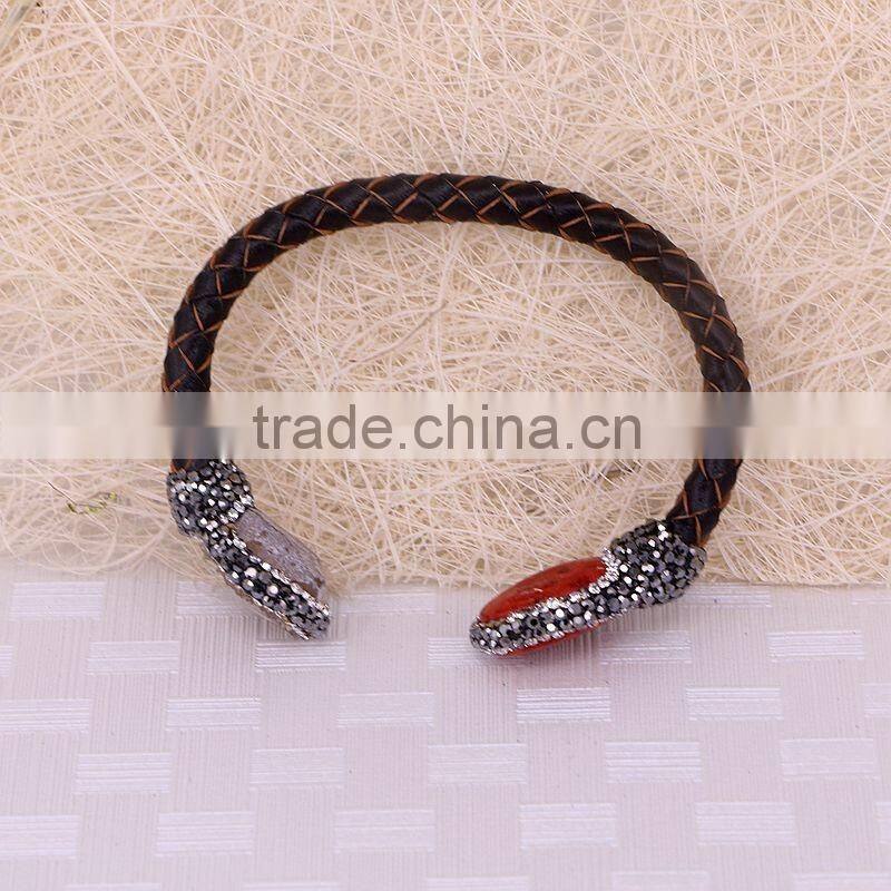 Natural Freshwater Pearl and Red Corall Bangle Bracelet, Crystal Zirzon Paved Leather Cord Druzy Jewelry Bracelets