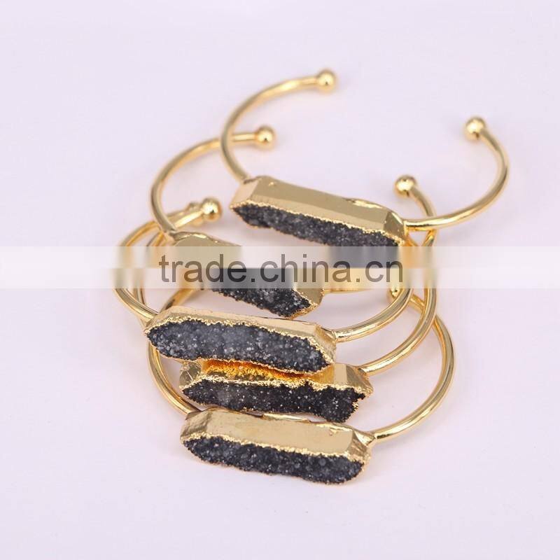 Fashion Gold Electroplated Brass Bangles, Natural Freshwater Pearl Gemstone Druzy Jewelry Bangles in Adjustable Size