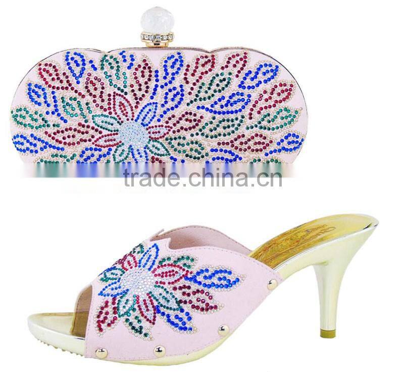 PU leather women shoes mix flower design hand bag shoes & bag set for girls
